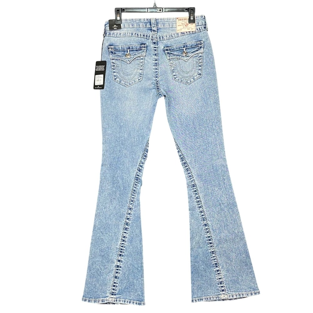 True Religion Joey Big T‎ Mid Rise Flap Flare Jeans Light Gritty Wash Women's 29